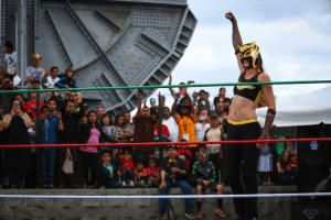Audience members crowd the new bridge for a better view. 